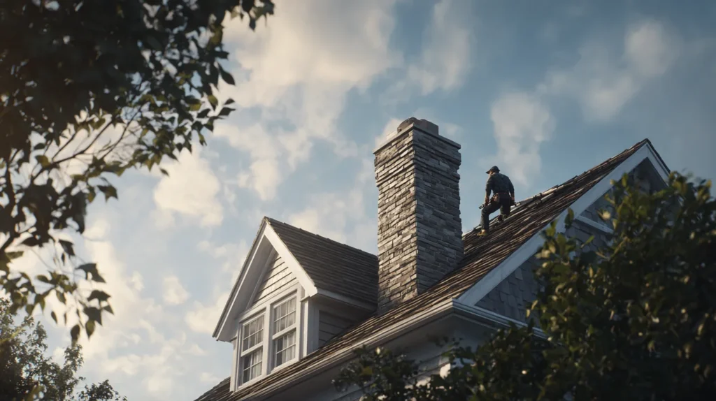 Chimney technician inspecting residential roof