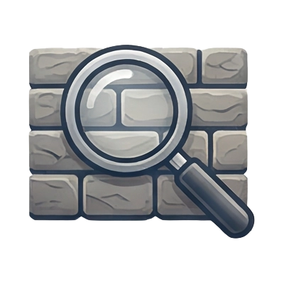 Stone wall inspection magnifying glass icon