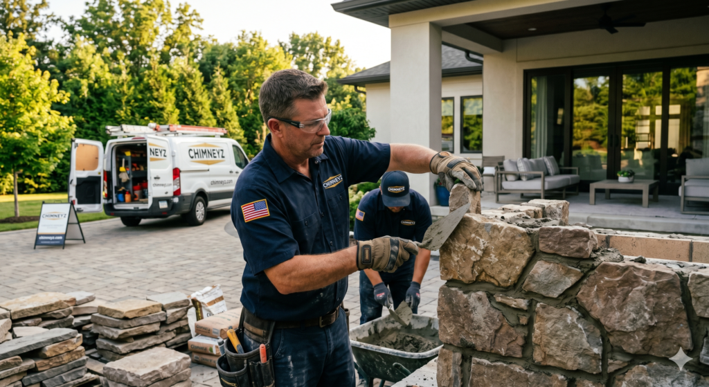 Technician building stone chimney wall outside home