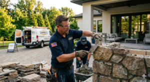 Technician building stone chimney wall outside home