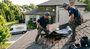 Technicians repairing damaged roof around chimney