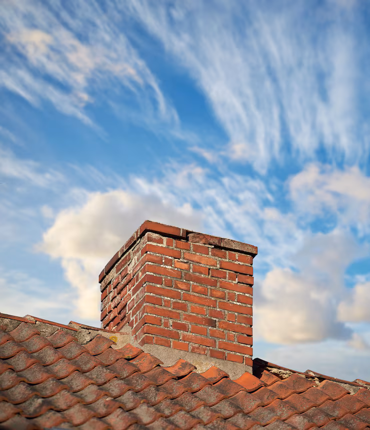 Weathered brick chimney on clay tile roof
