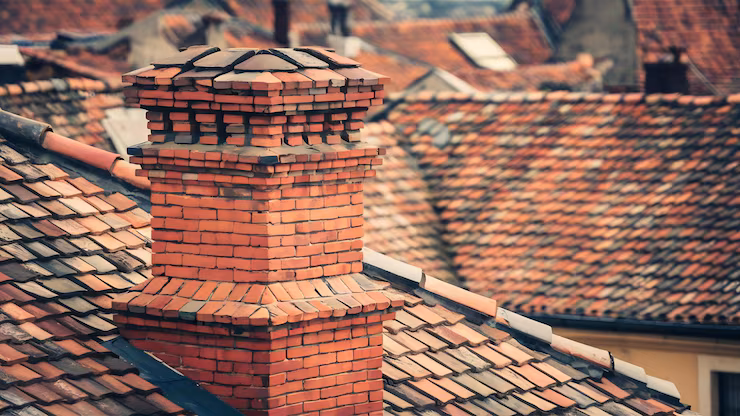 Decorative brick chimney on a clay tile roof