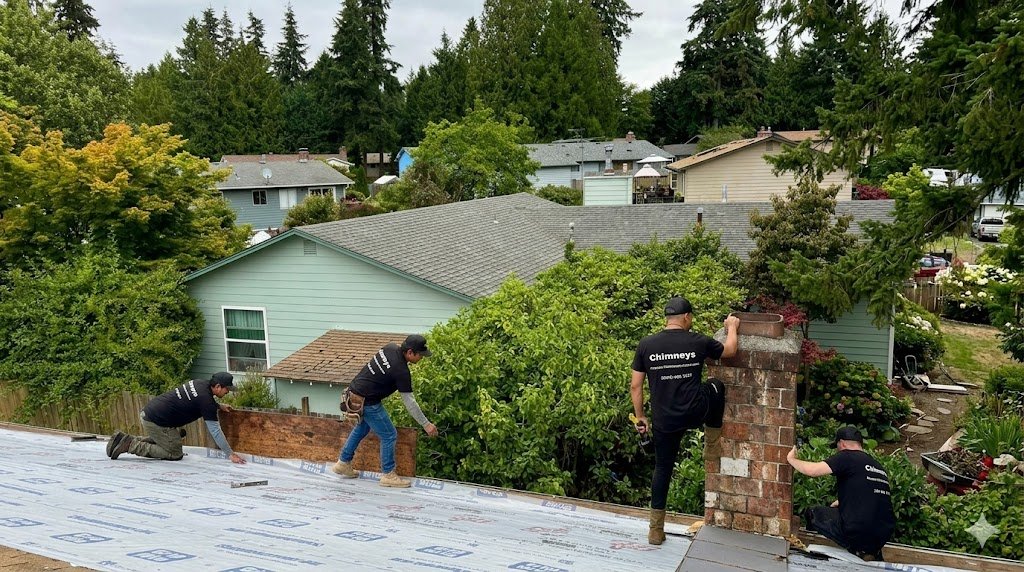 Roofing crew installing underlayment beside brick chimney