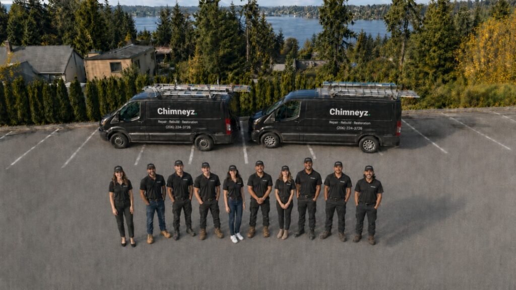 Chimney service team standing beside company vans