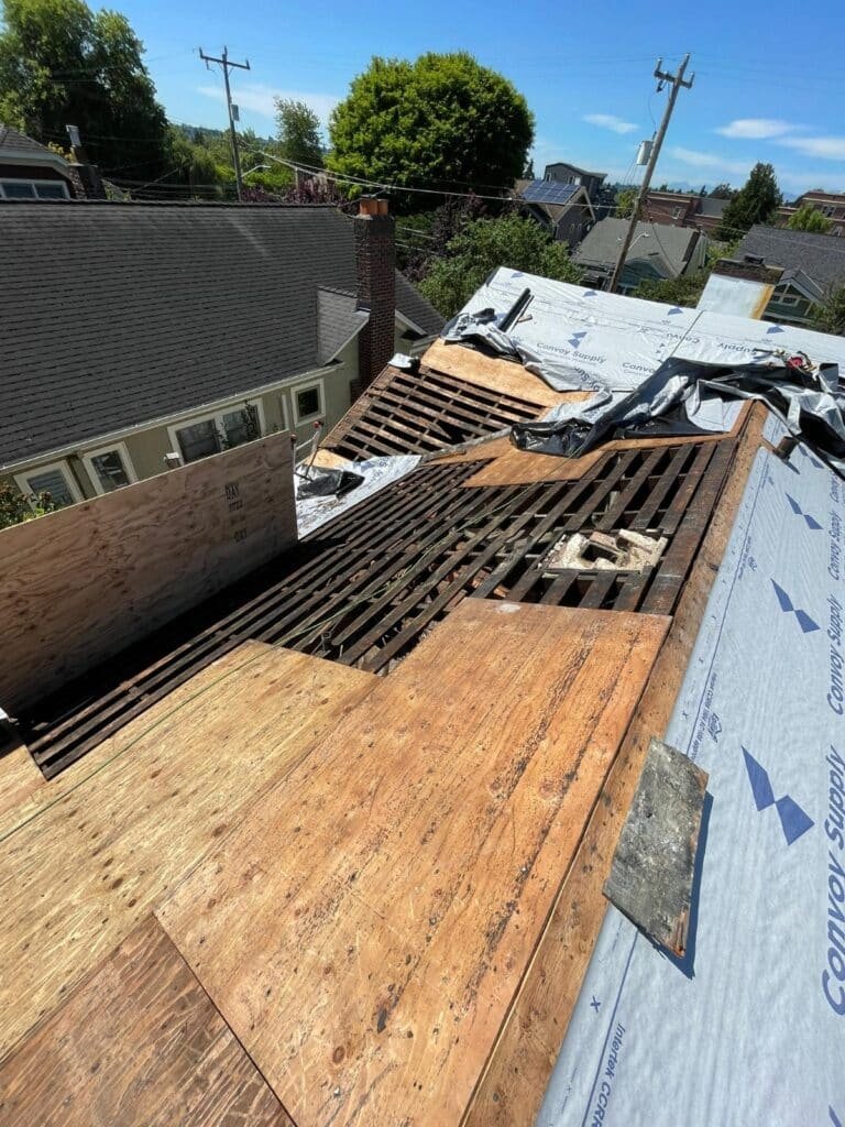 Roof replacement with exposed decking and underlayment
