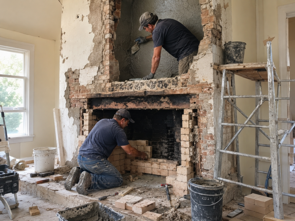 Workers restoring a damaged brick fireplace and smoke chamber