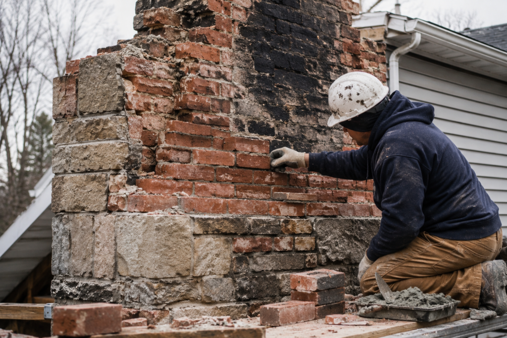 Mason repairing a fire damaged brick chimney