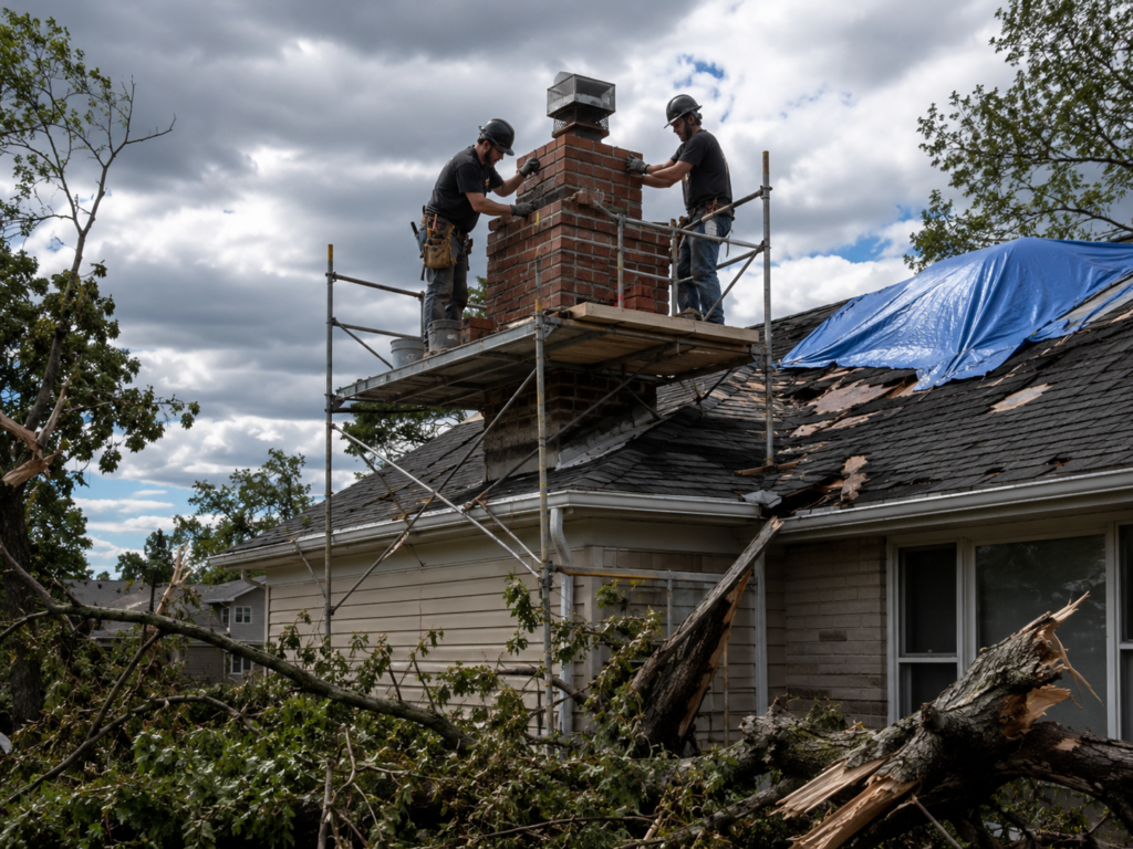 Workers repairing a storm damaged chimney with roof tarp nearby