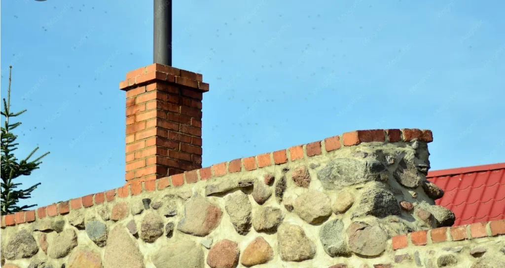 Brick chimney with metal flue on a stone house under a clear blue sky.