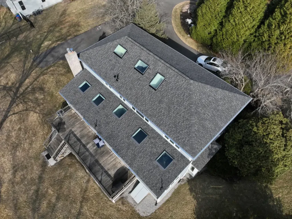 Aerial view of residential roof replacement