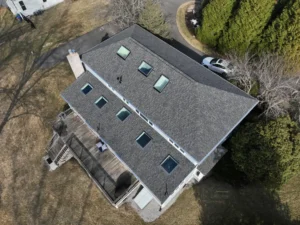 Aerial view of residential roof replacement