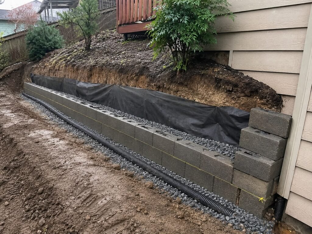 Retaining wall reconstruction with drainage installation
